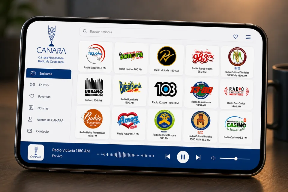 Mockup de plataforma digital para CANARA con directorio de emisoras y distribución de contenido