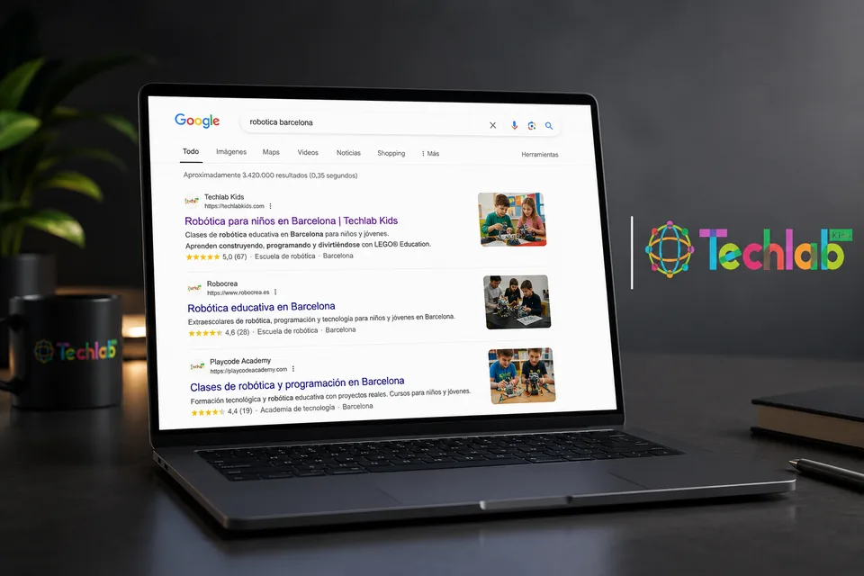 Mockup de resultados de Google para TechLab Kids y búsquedas de robótica en Barcelona
