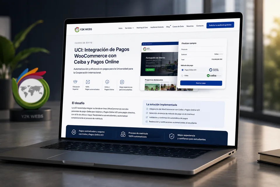 Mockup de integración de pagos online UCI entre WooCommerce y un ERP institucional