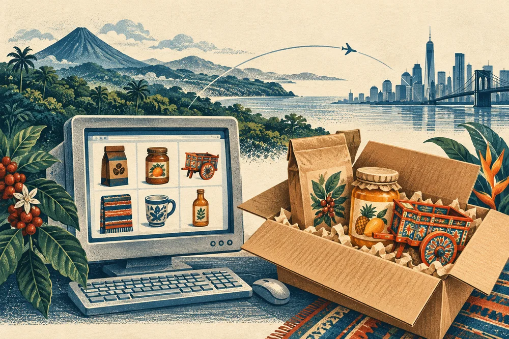 Ilustración editorial de una tienda online de productos costarricenses y su conexión con quienes viven en Estados Unidos